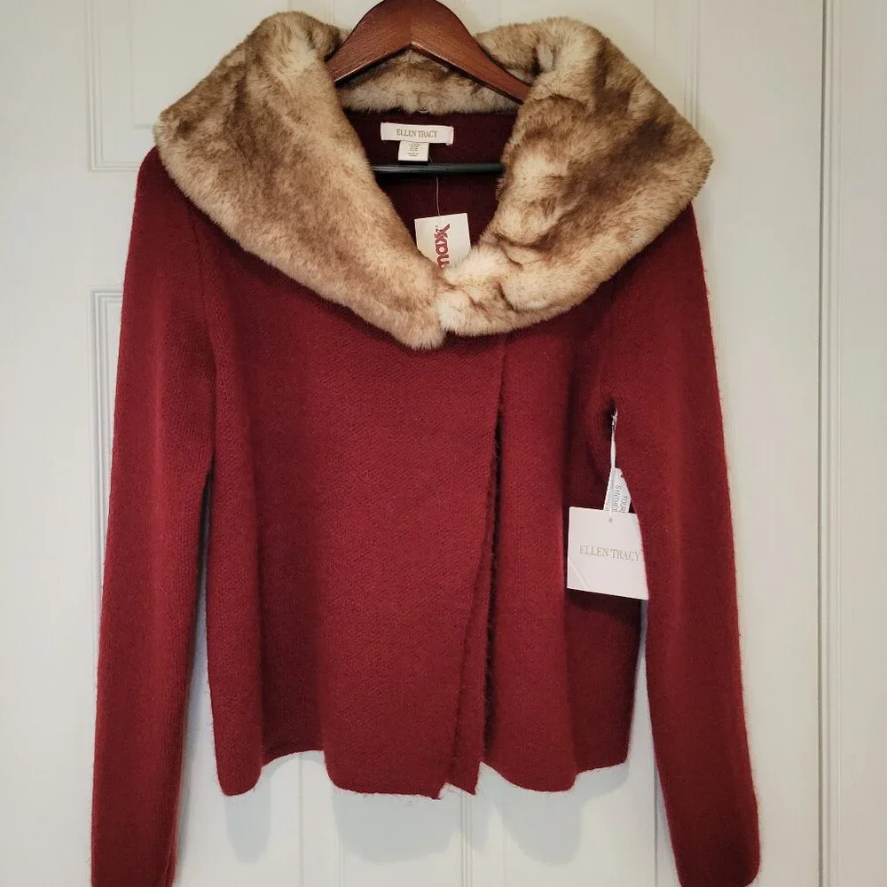 ELLEN TRACY Faux Fur Collar Cardigan NWT - Picture 1 of 10